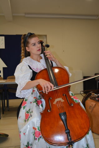 Pani Dominika Śląska Bajarka gra na wiolonczeli ubrana w regionalny strój śląski.