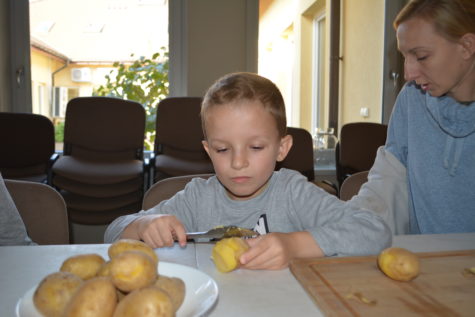 Na zdjęciu chłopiec obiera nożykiem ugotowanego ziemniaka ze skórki.