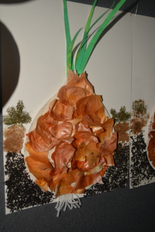 Na zdjęciu praca plastyczna przedstawiająca cebulę wykonana z skórek cebuli, ziarenek i papieru.