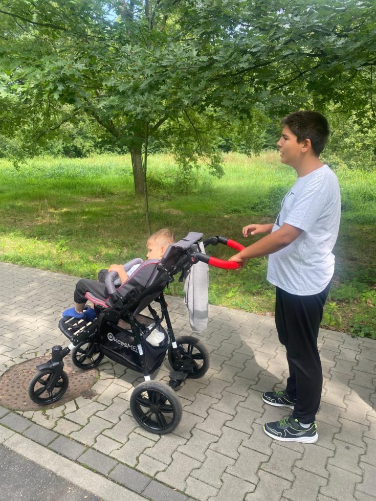 Na fotografii chłopiec trzyma wózek w którym siedzi chłopczyk podczas spaceru alejkami parku.