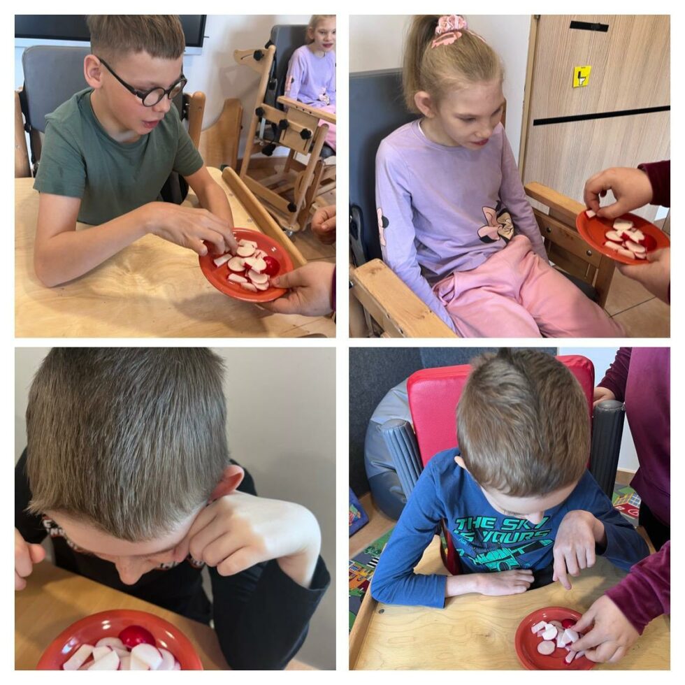 Na zdjęciu kolaż ze zdjęć, na jednym dziewczynka na pozostałych trzej chłopcy siedzą w krzesełkach rehabilitacyjnych i częstują się obraną pokrojoną rzodkiewką.