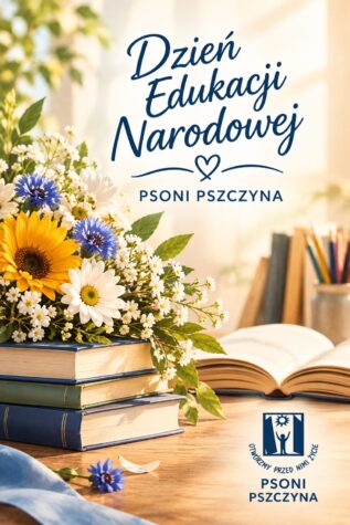 Zdjęcie przedstawia plakat z okazji dnia edukacji narodowej, prezentujący książki i kwiaty.