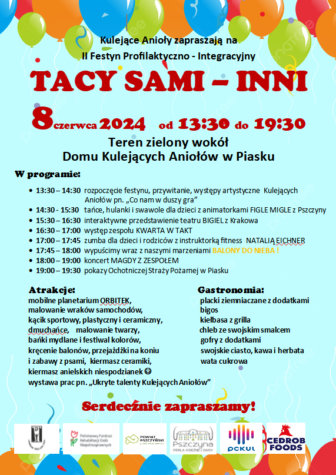 Na zdjęciu plakat z programem Festynu Integracyjnego Tacy Sami - Inni.