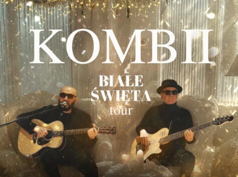 Na zdjęciu plakat informujący o koncercie zespołu Kombi, wizerunek dwóch członków zespołu.
