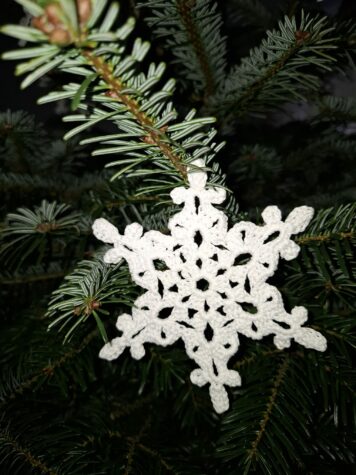 Na zdjęciu biała gwiazdka zrobiona na szydełku z kordonka wisi na jodłowej gałązce.