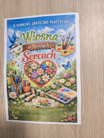 Na zdjęciu plakat o konkursie plastyczno - graficznym. na plakacie kolorowe serce z kwiatów, łąka, ptaki, motyle, kredki, pędzle i farby.