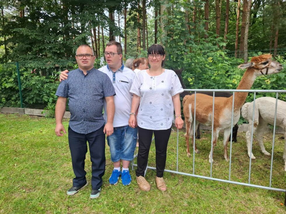 Na zdjęciu stoją dwaj mężczyźni w okularach i jedna kobieta w okularach, uczestnicy Świetlicy Terapeutycznej. W tle drzewa i zagroda z alpakami.